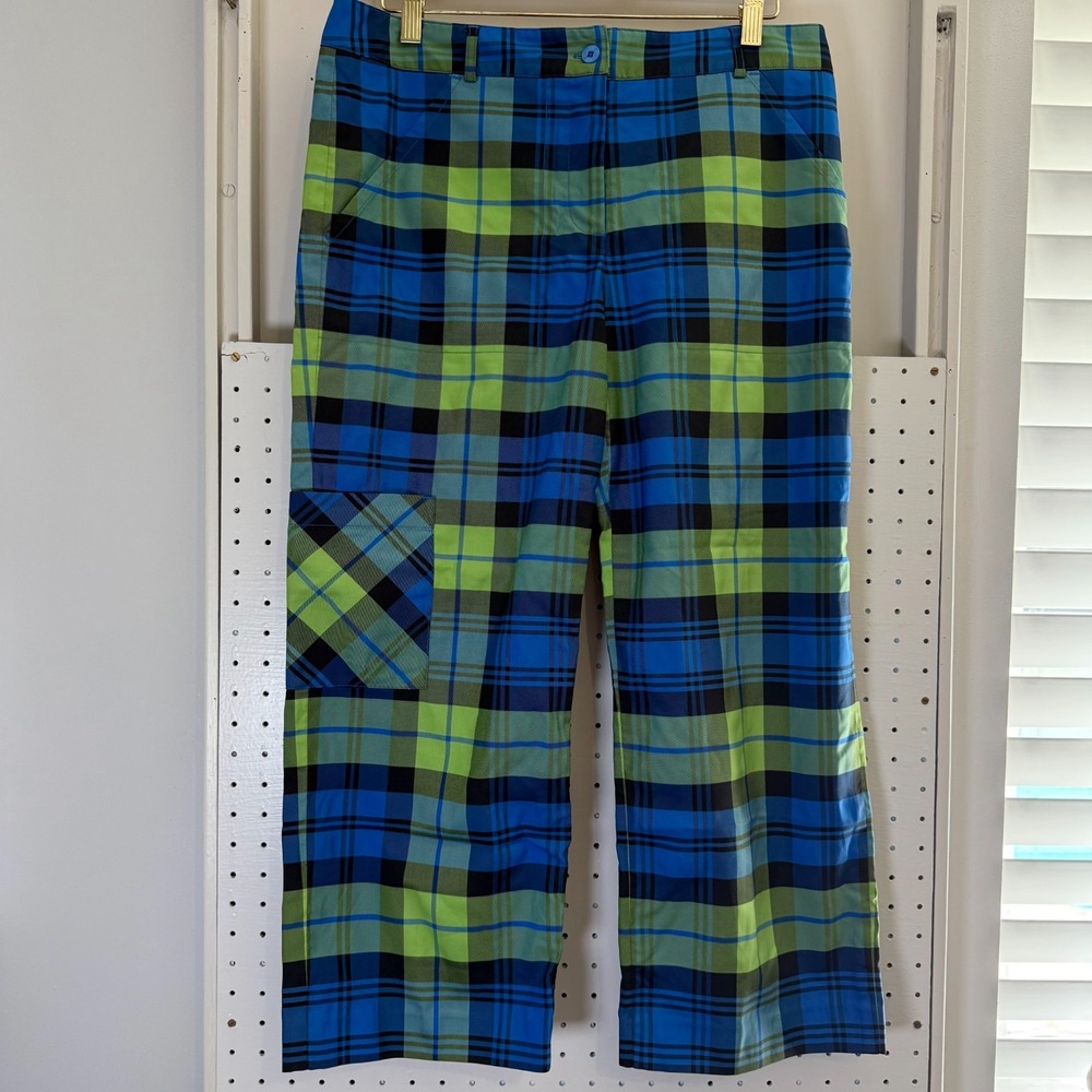 Lilly Pulitzer Golf Pants Women's 8 Blue Lime Green Plaid Straight Classic Relax